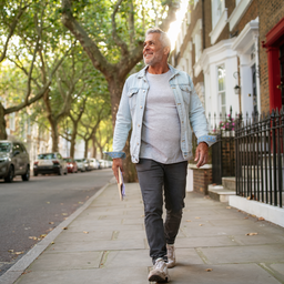 Man walking along a leafy London street.