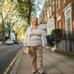 Woman walking home along a London street.