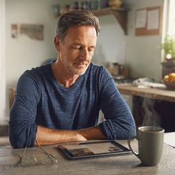 Man reviewing blood test results on a tablet at home.