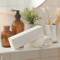 Plain unbranded test kit box on a bathroom shelf with a folded towel.