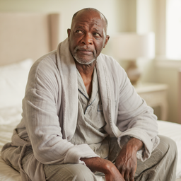 An older man sitting on the edge of his bed in the morning light