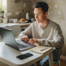 Young adult working at a kitchen table with a laptop.