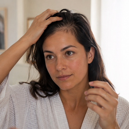 Woman checking her hairline in the mirror in natural daylight.