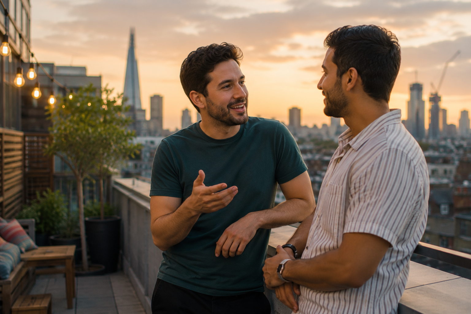 A relaxed couple chatting on a city rooftop at golden hour.
