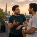 A relaxed couple chatting on a city rooftop at golden hour.