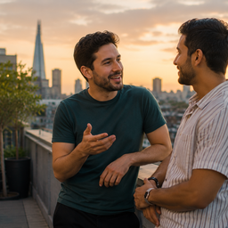A relaxed couple chatting on a city rooftop at golden hour.