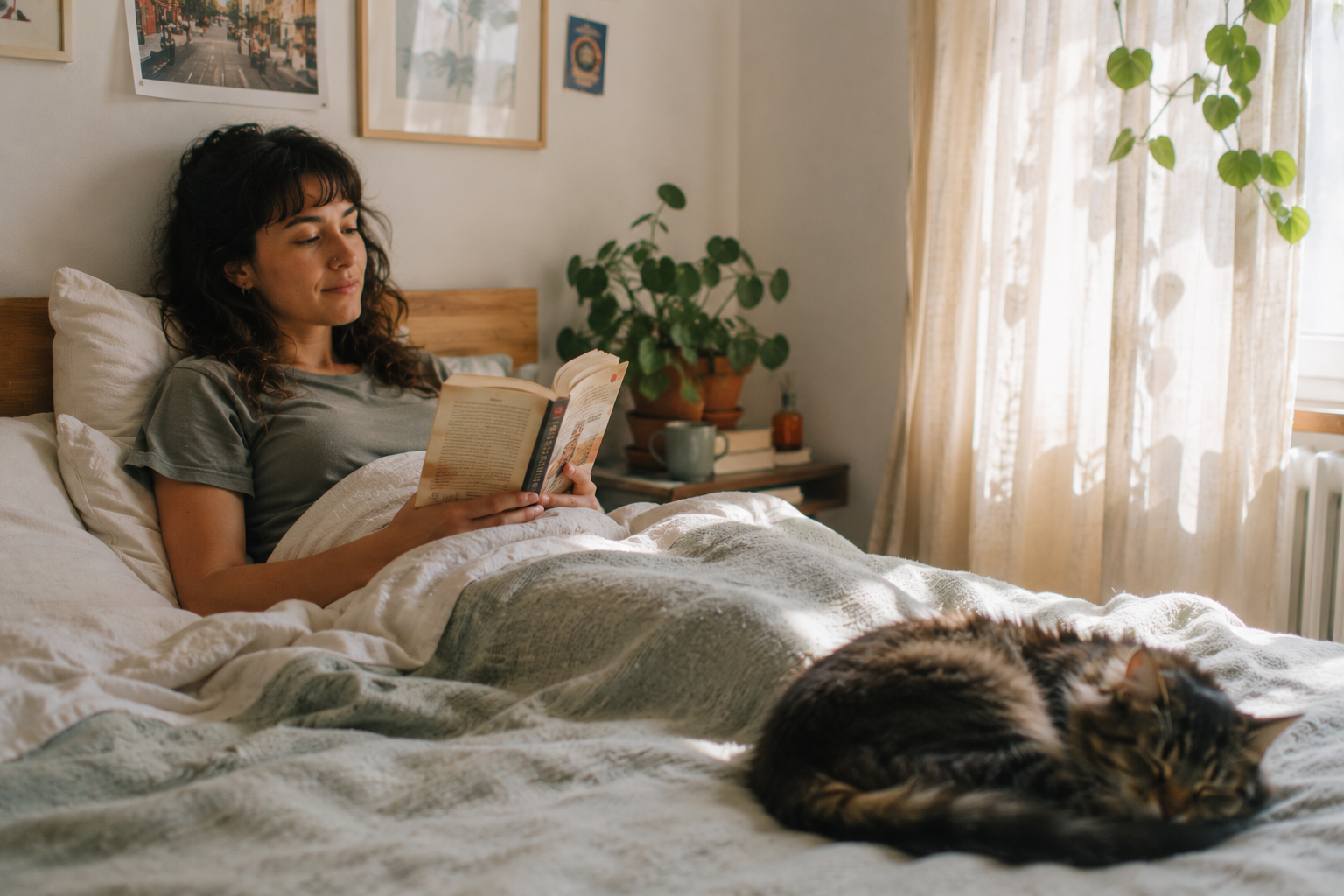 A person reading in bed on a calm morning.