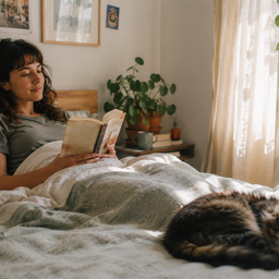 A person reading in bed on a calm morning.