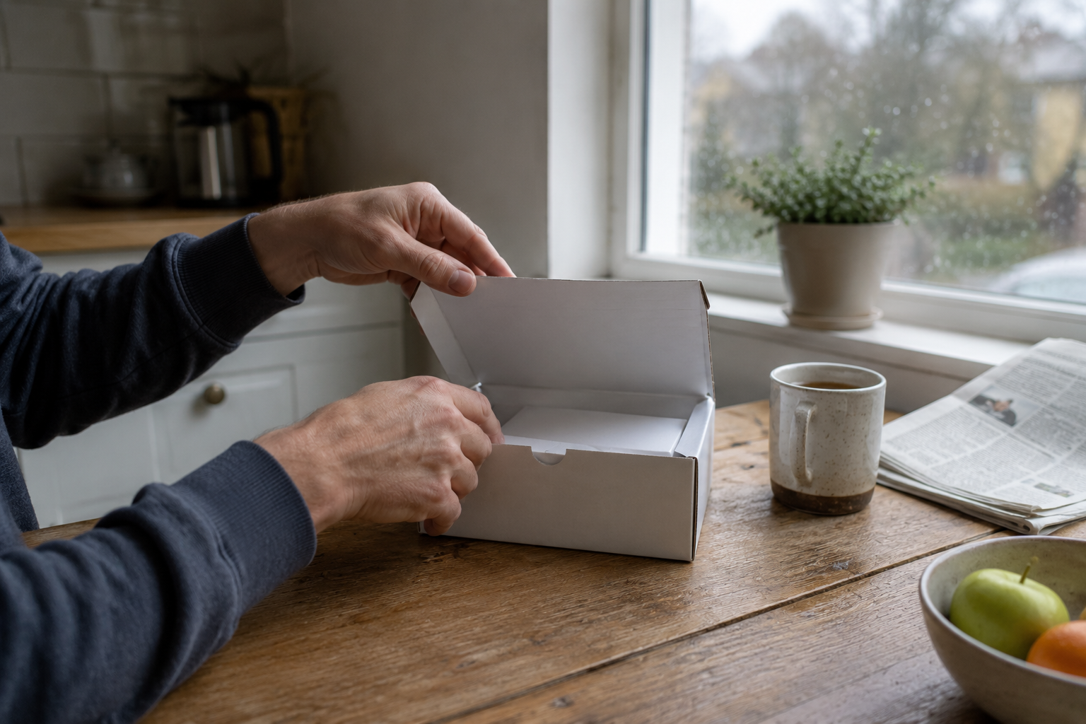 A plain test kit box on a kitchen table by a window.