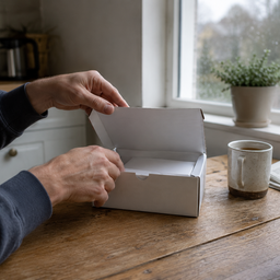 A plain test kit box on a kitchen table by a window.