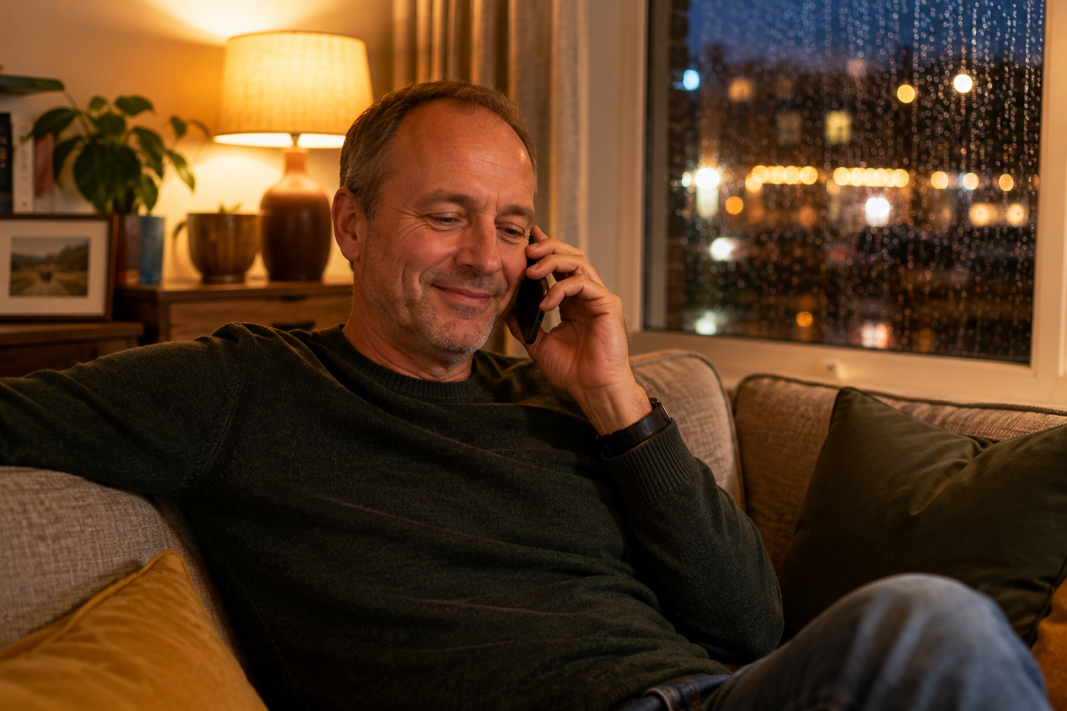 A man on a phone call at home, relaxed, in evening lamplight.