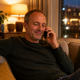 A man on a phone call at home, relaxed, in evening lamplight.