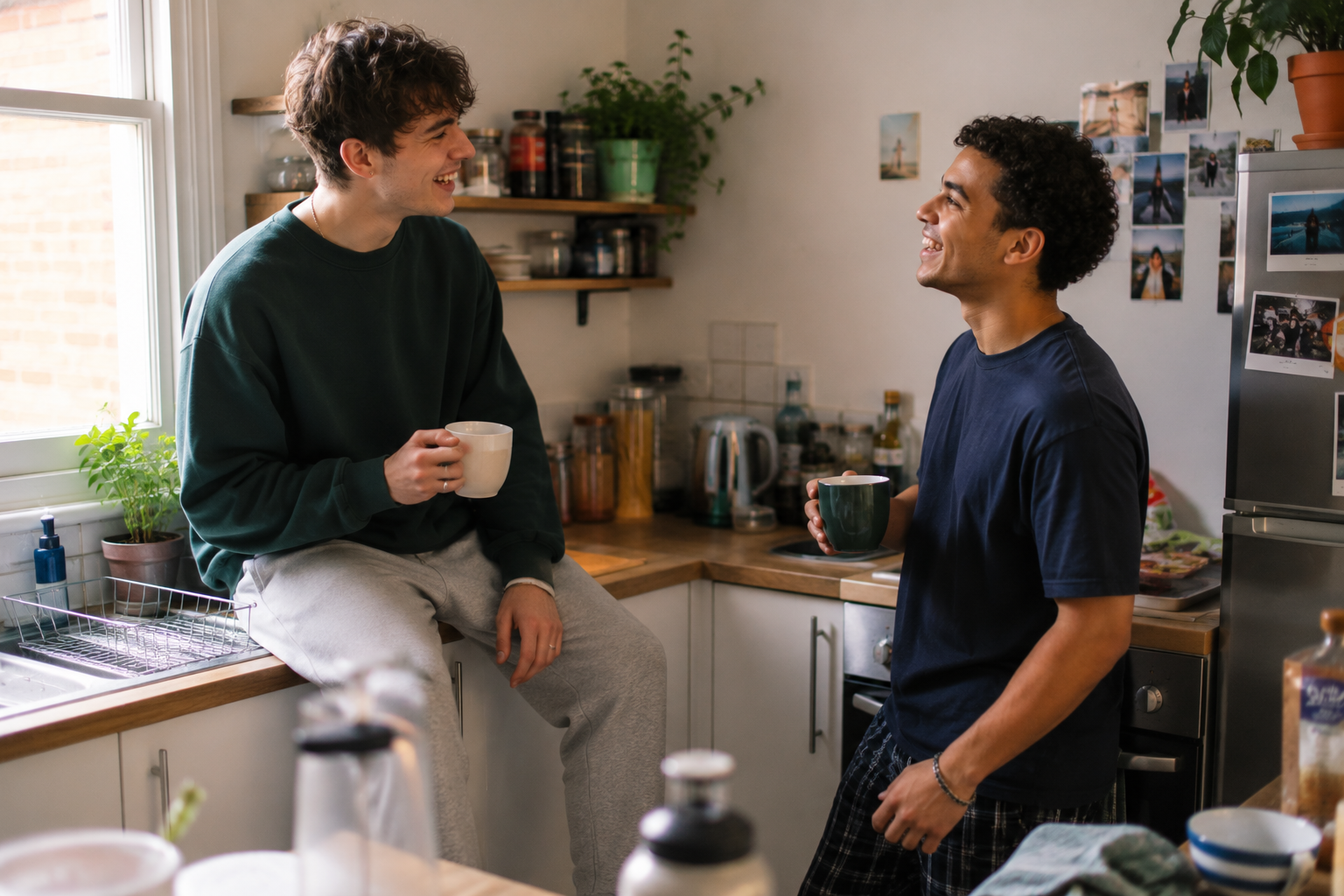 Two young friends laughing in a shared kitchen.