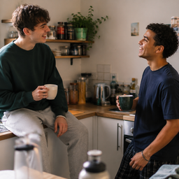 Two young friends laughing in a shared kitchen.
