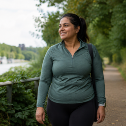 Woman walking outdoors by a river in activewear on a bright day.