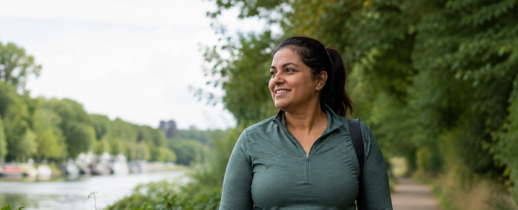 Woman walking outdoors by a river in activewear on a bright day.