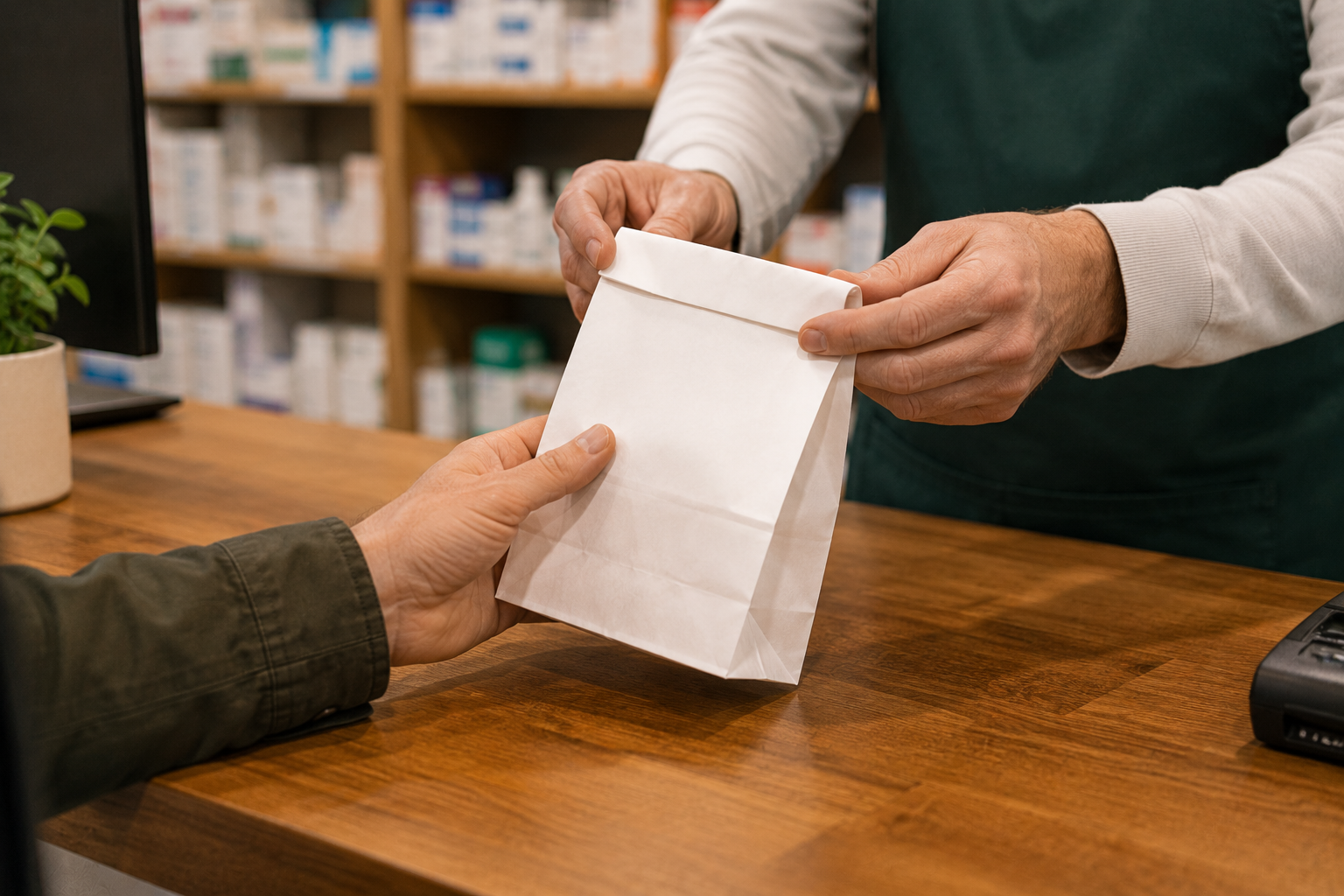 Hands passing a small paper bag across a pharmacy counter.