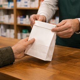 Hands passing a small paper bag across a pharmacy counter.