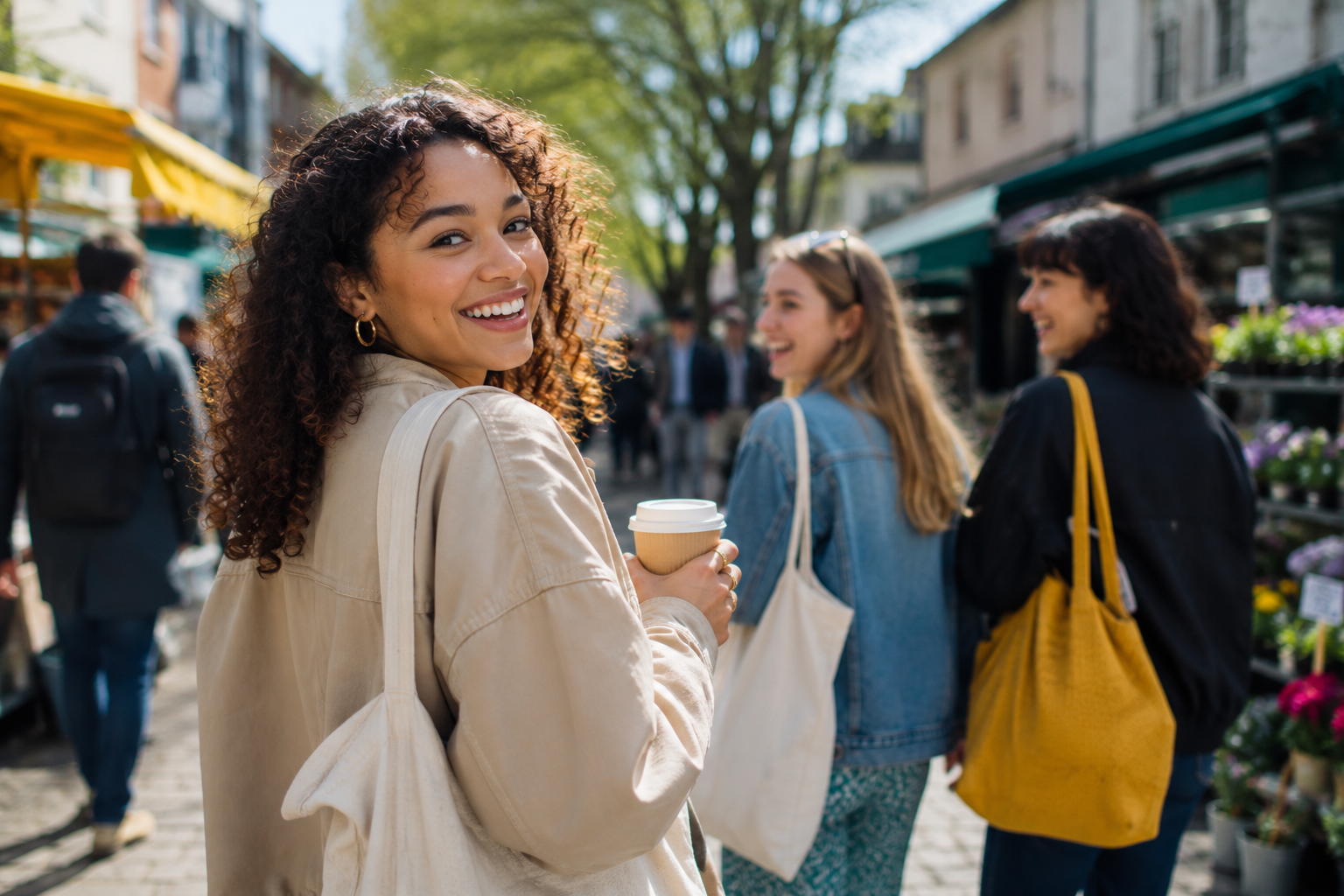 A young woman with a coffee on a bright market street.
