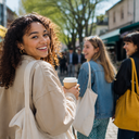 A young woman with a coffee on a bright market street.