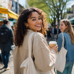 A young woman with a coffee on a bright market street.