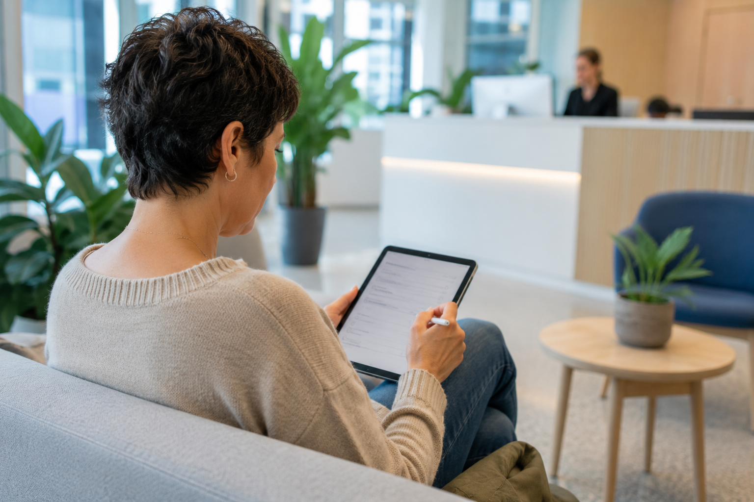 A person filling in a form on a tablet in a bright waiting area.