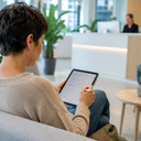 A person filling in a form on a tablet in a bright waiting area.