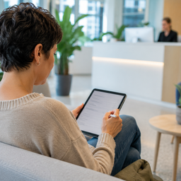 A person filling in a form on a tablet in a bright waiting area.