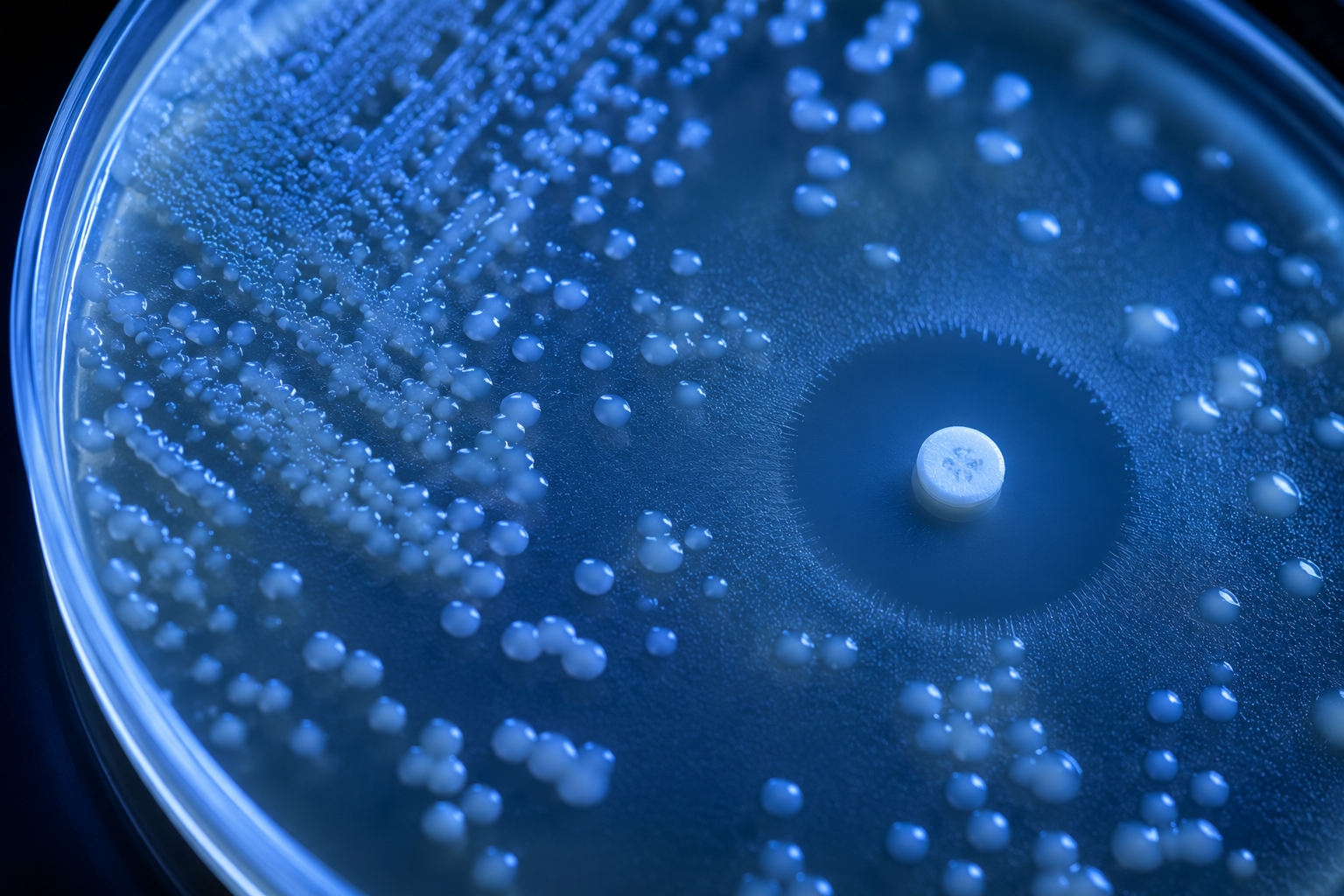 A macro image of a laboratory agar plate under cool light.