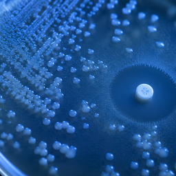 A macro image of a laboratory agar plate under cool light.