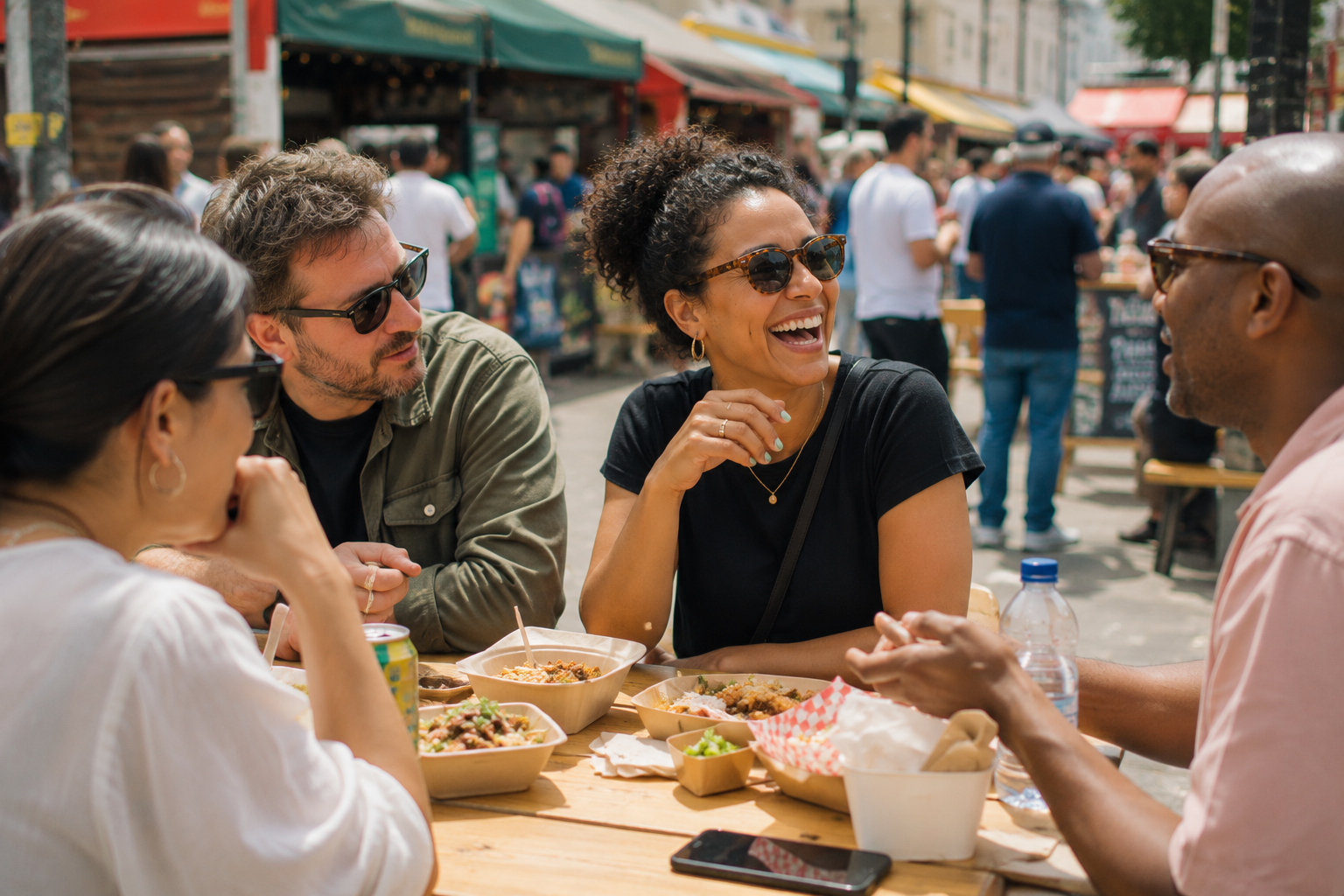 A diverse group chatting over street food at a market.