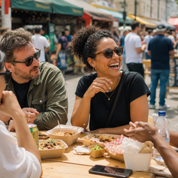 A diverse group chatting over street food at a market.