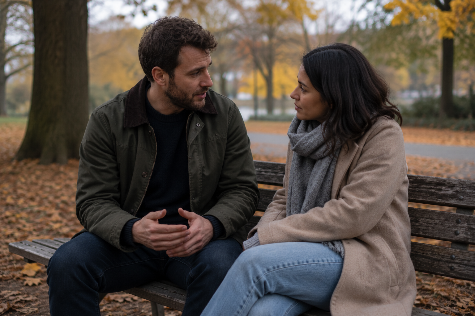 Two people talking on a park bench in autumn.