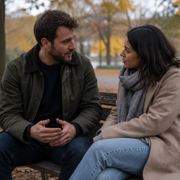 Two people talking on a park bench in autumn.