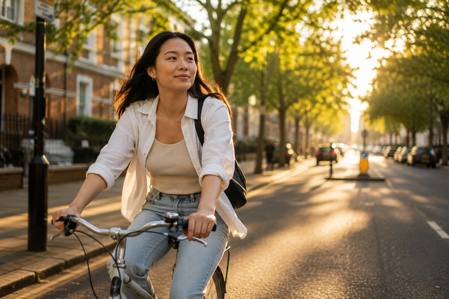 A woman cycling through a leafy city street in afternoon light.