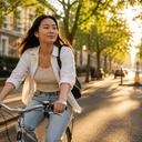 A woman cycling through a leafy city street in afternoon light.