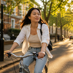 A woman cycling through a leafy city street in afternoon light.