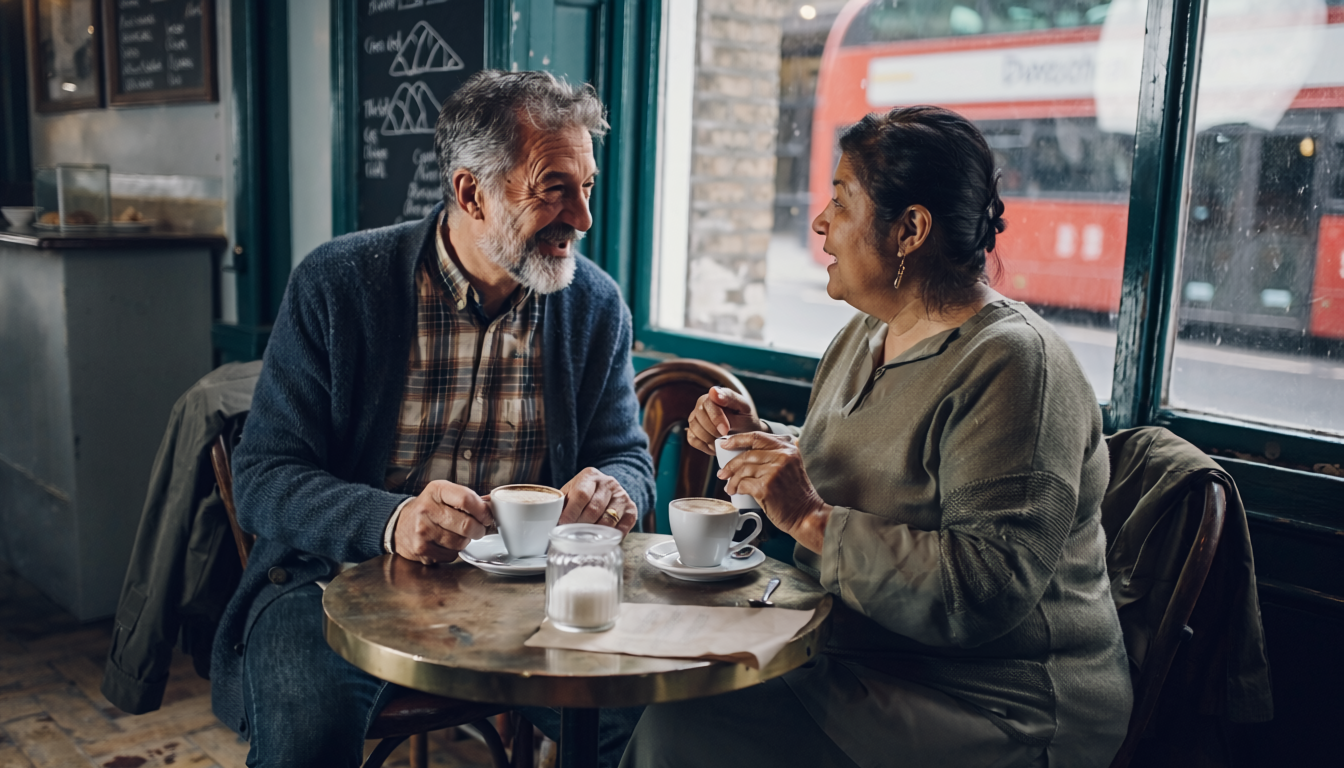 Mixed-heritage couple at a small London cafe by a window.