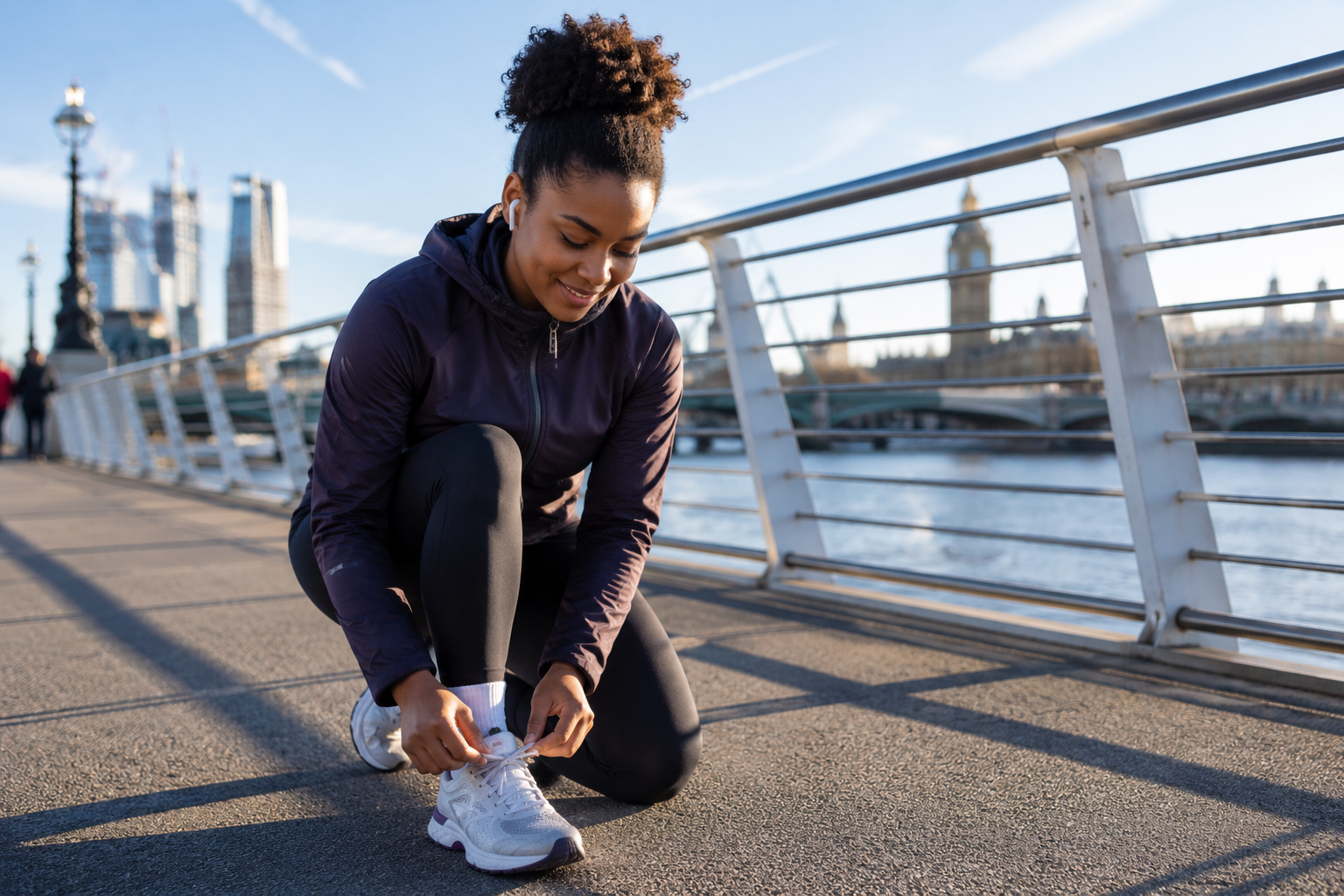 A woman pausing during a morning run on a bridge.