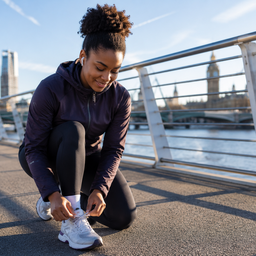 A woman pausing during a morning run on a bridge.