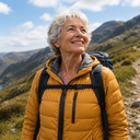 Confident older woman hiking in the mountains, active and thriving.