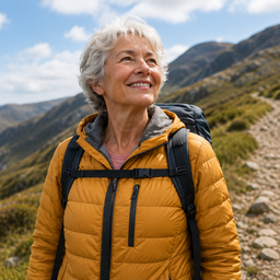 Confident older woman hiking in the mountains, active and thriving.