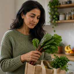 A woman unpacking leafy greens in a bright kitchen