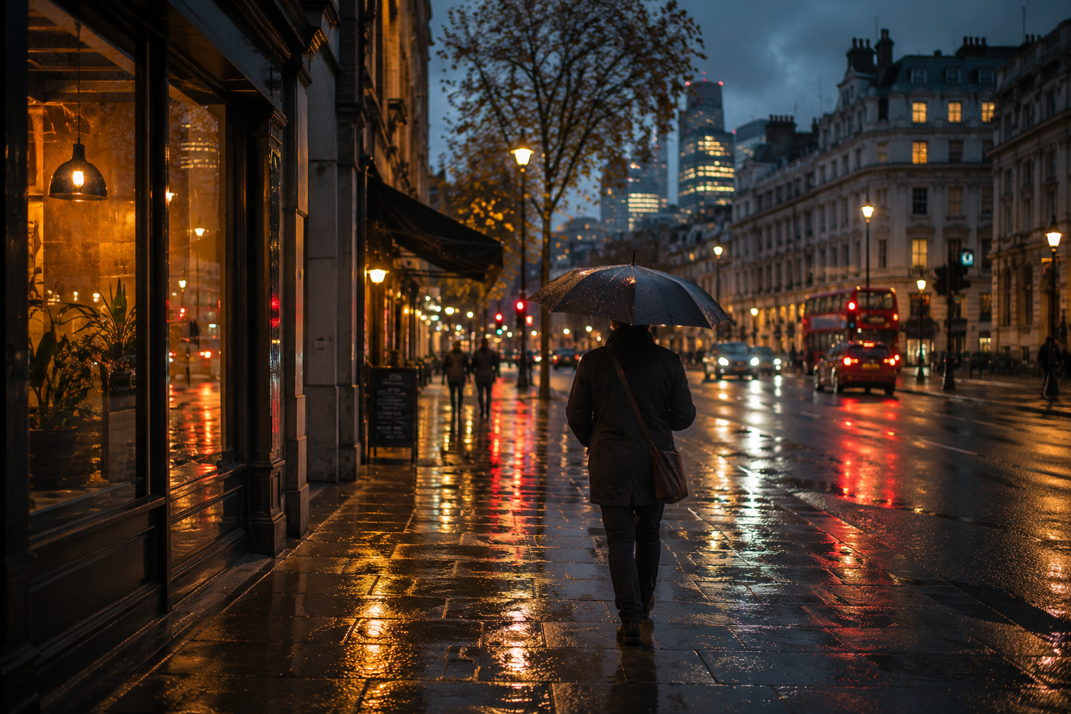 A figure with an umbrella on a rain-slicked city street at dusk.