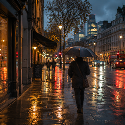 A figure with an umbrella on a rain-slicked city street at dusk.