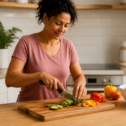 Woman preparing a healthy meal in her kitchen with fresh vegetables on the counter.