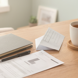 Tidy home desk with notebook and papers.