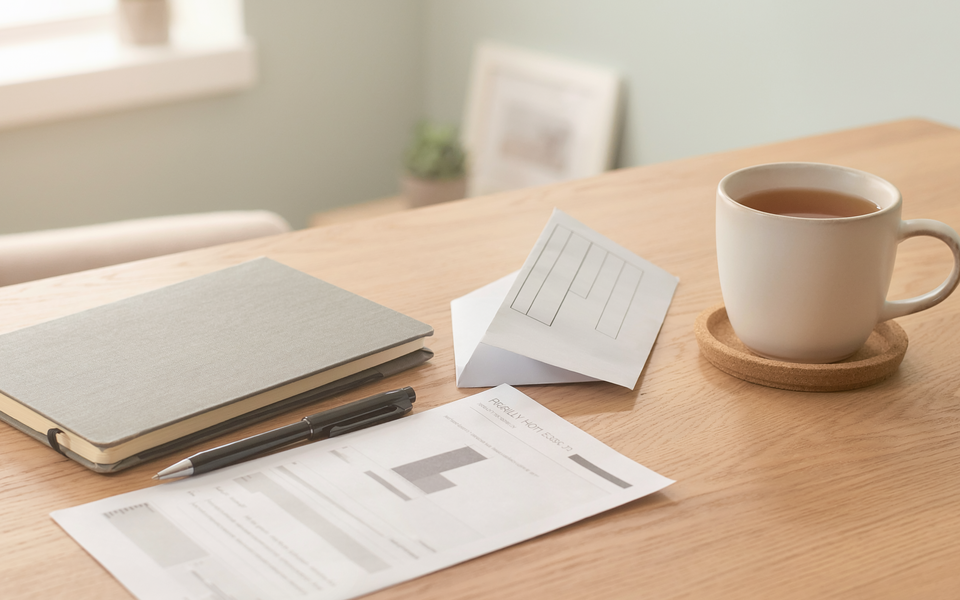 Tidy home desk with notebook and papers.