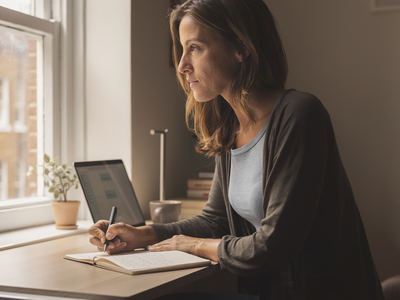 Adult at home, focused on a notebook in natural daylight.