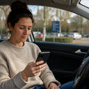 A woman sitting in a parked car looking at her phone